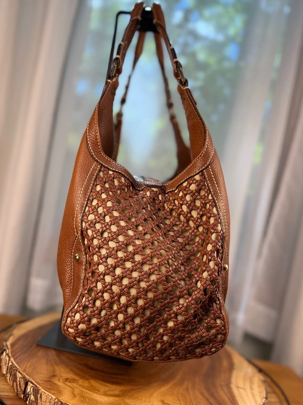 Cole Haan Paige Cognac Brown Woven Leather Hobo Shoulder Bag Gold Hardware EUC